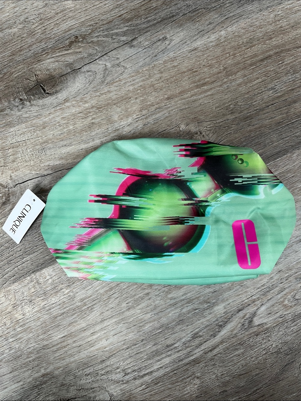 Clinique Mint Cosmetic Pouch with Neon Pink Logo